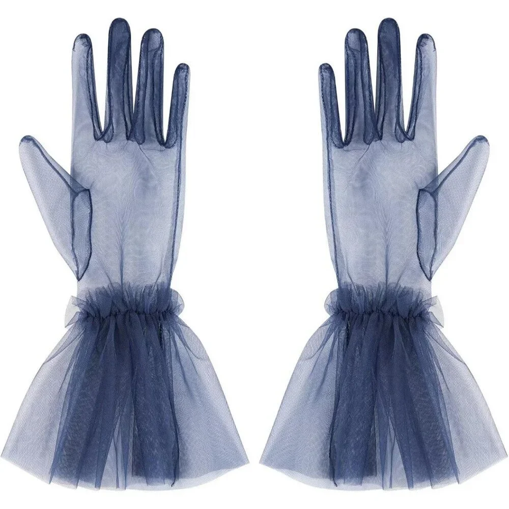 Women's Puffy Ruffle Navy Tulle Sheer Mesh Party Prom One Size Short Gloves